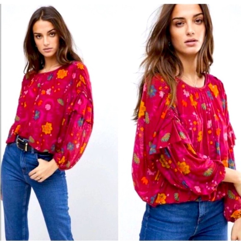 Free People Burgundy Floral Peasant Blouse - Picture 2 of 12
